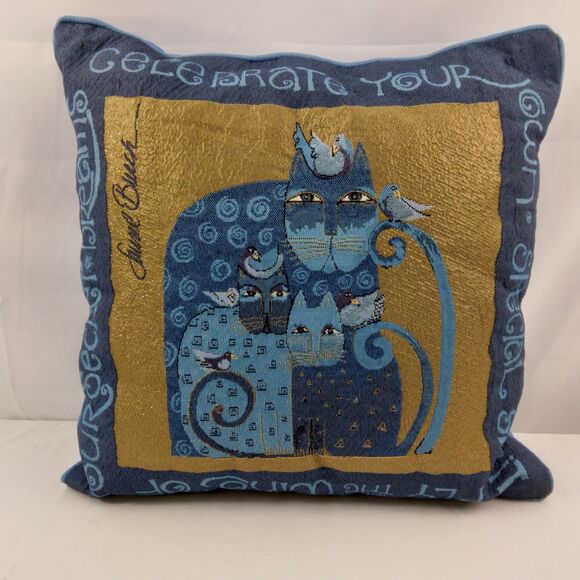 Laurel Burch Blue Indigo Cats Tapestry Throw Pillow Metallic Gold Accents 17" - Picture 1 of 13